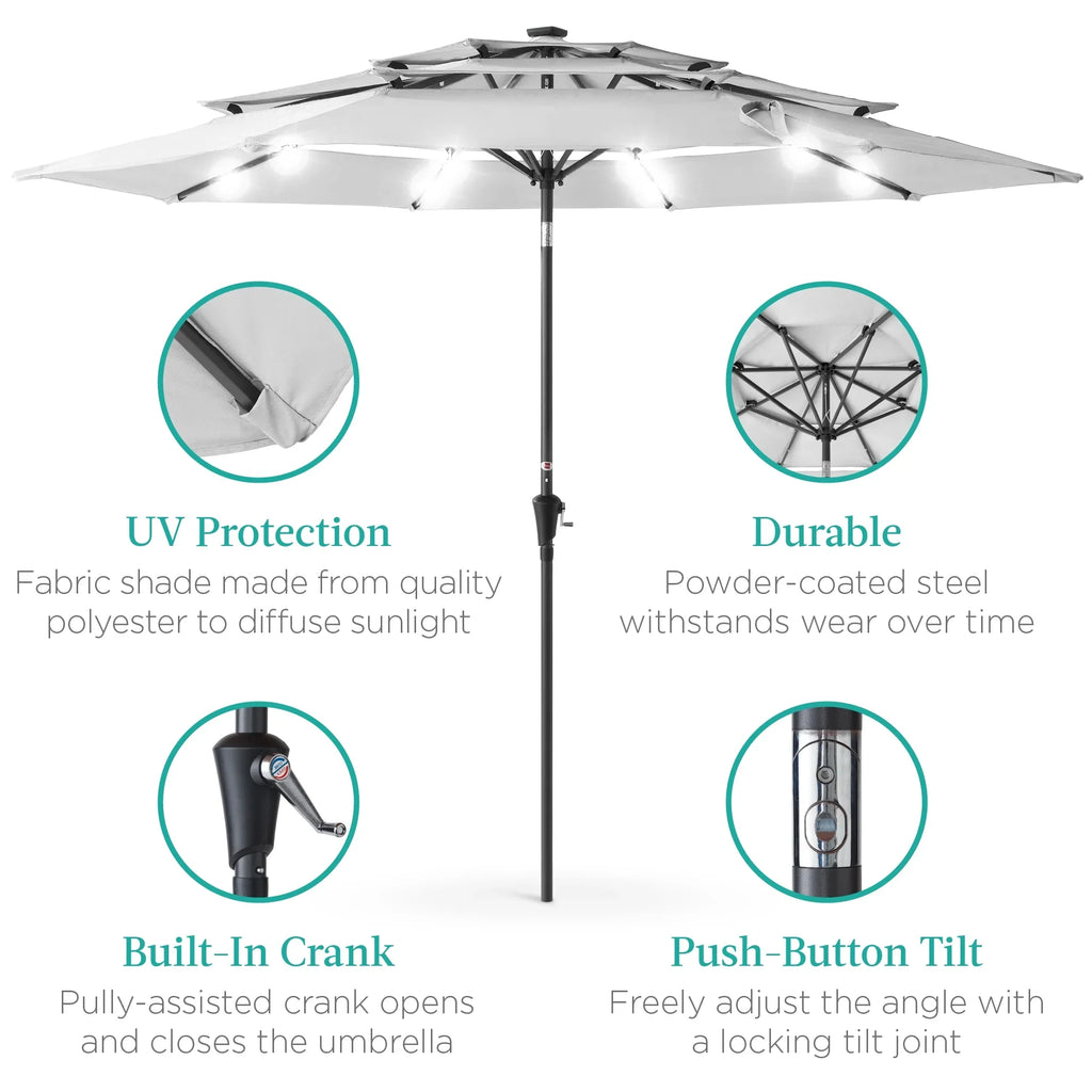 Best Choice Products 10ft 3-Tier Solar Patio Umbrella w/ 24 LED Lights, Tilt Adjustment, Easy Crank - Tan