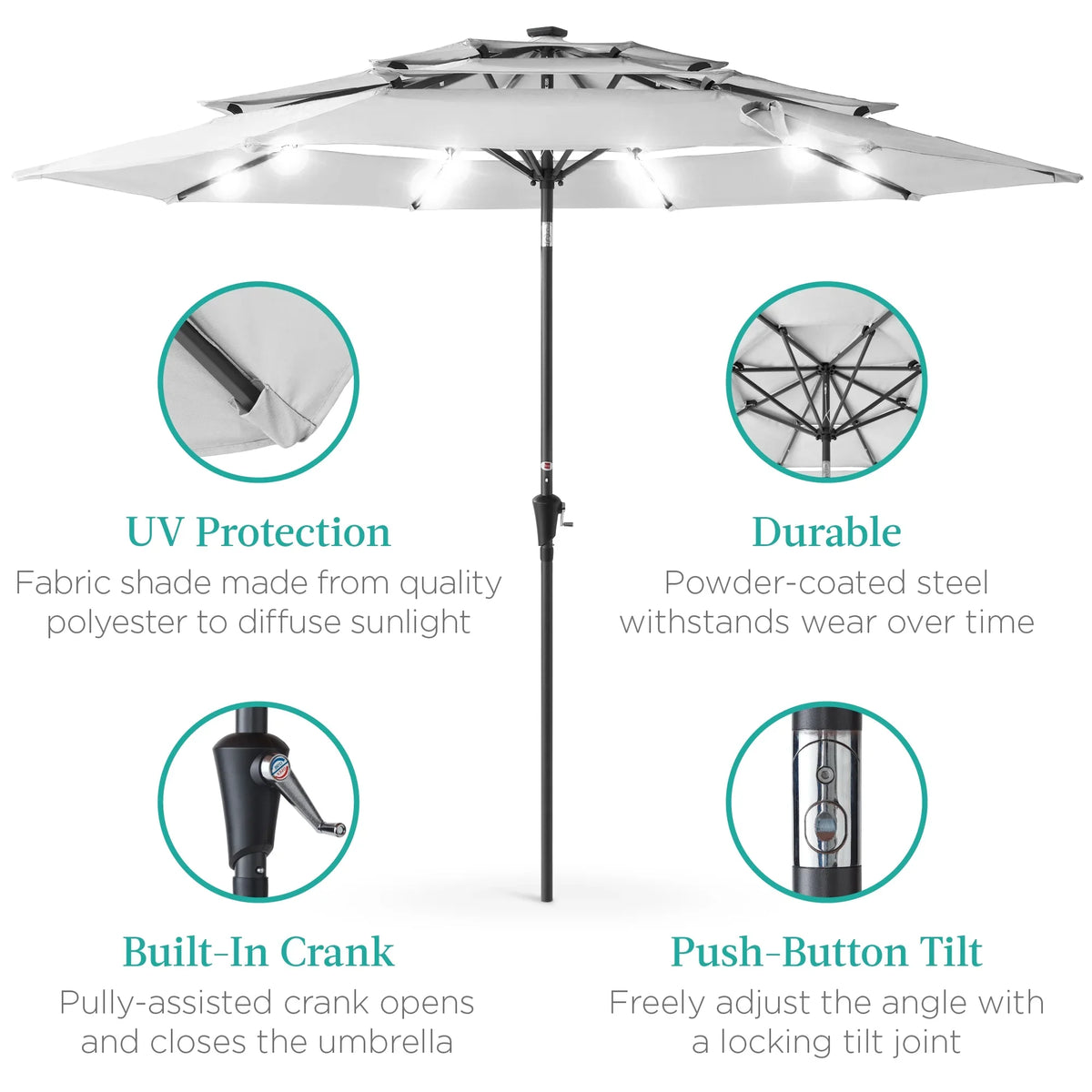 Best Choice Products 10ft 3-Tier Solar Patio Umbrella w/ 24 LED Lights, Tilt Adjustment, Easy Crank - Tan