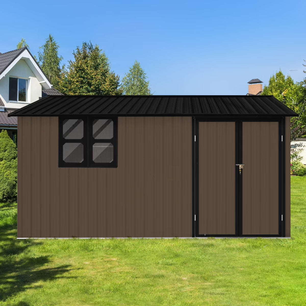 10x12 FT Outdoor Storage Shed, Metal Garden Tool Shed with Vents, Window and Bulit-in Hooks, Waterproof Organization for Home/Backyard/Garden Tools/Lawn Storage, Yellow+White