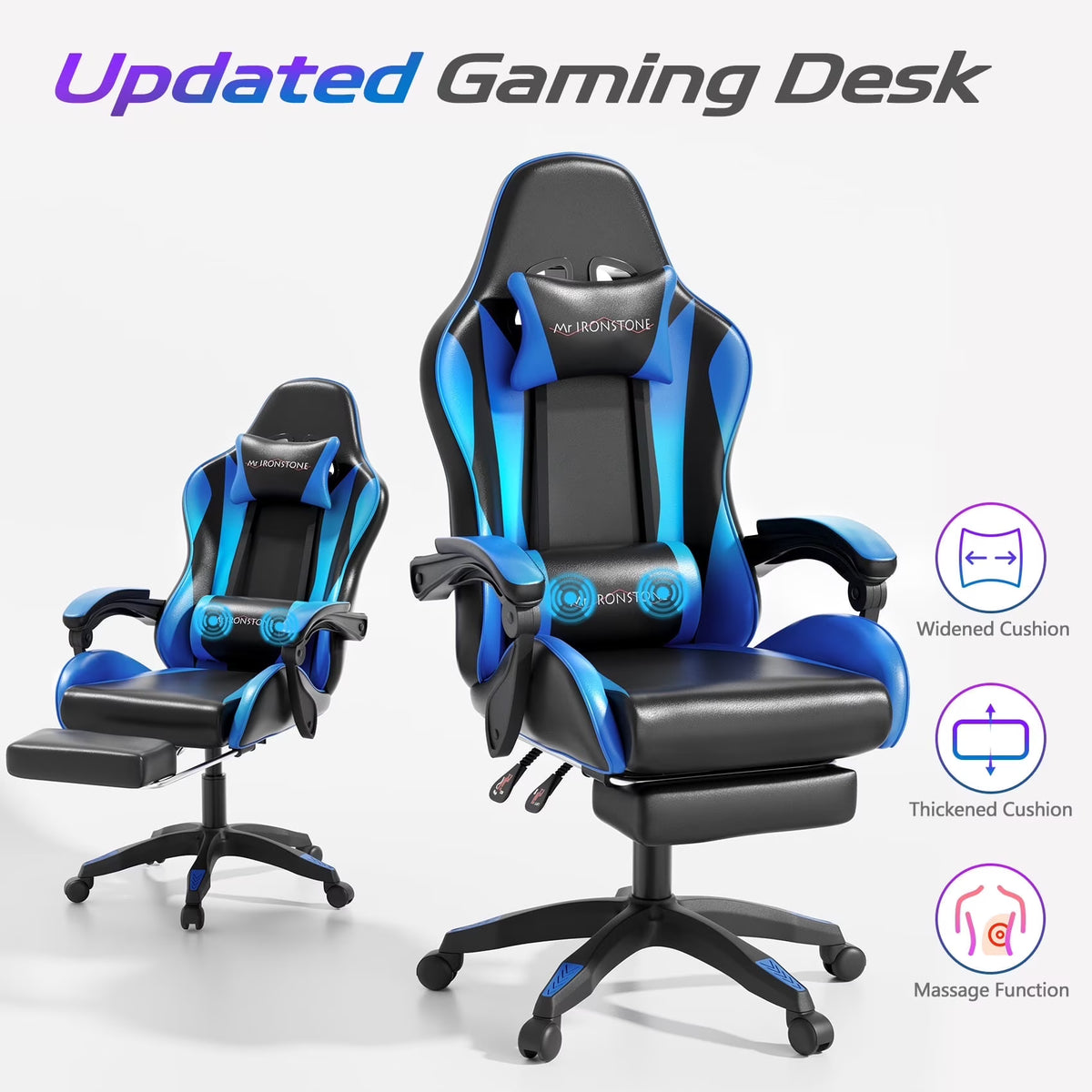 Mr IRONSTONE Office Gaming Chair with Footrest & Lumbar Support, Ergonomic Adjustable Computer Chair with Swivel Seat & Headrest, Blue