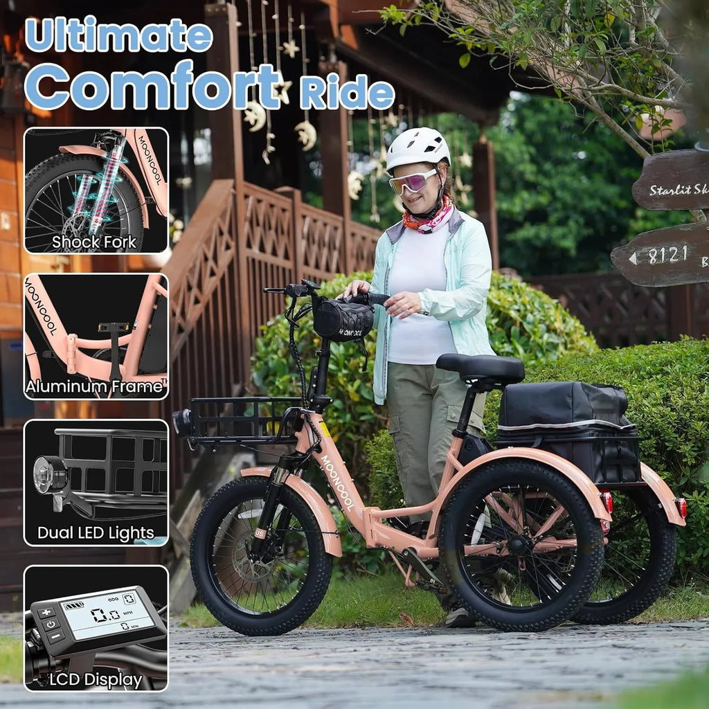 MOONCOOL TK1 Folding Electric Tricycle for Adults,48V 14.5Ah Removable battery, 500W"Peak 1000w"Motor, 20" Fat Tire Step-Thru 3Wheel Electric Bicycle w/Front&Rear Baskets, Certified to UL 2849 by SGS