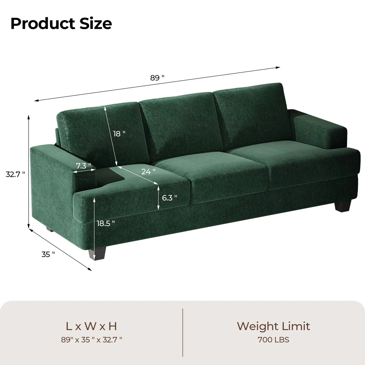 BLAZANT 3 Seater Sofa Oversize, 89" Extra Large Size Sofa Couch with Extra Deep Seats, Modern Loveseat Sofa, Comfortable Fabric, Easy to Install, for Living Room Apartment Lounge, Brown