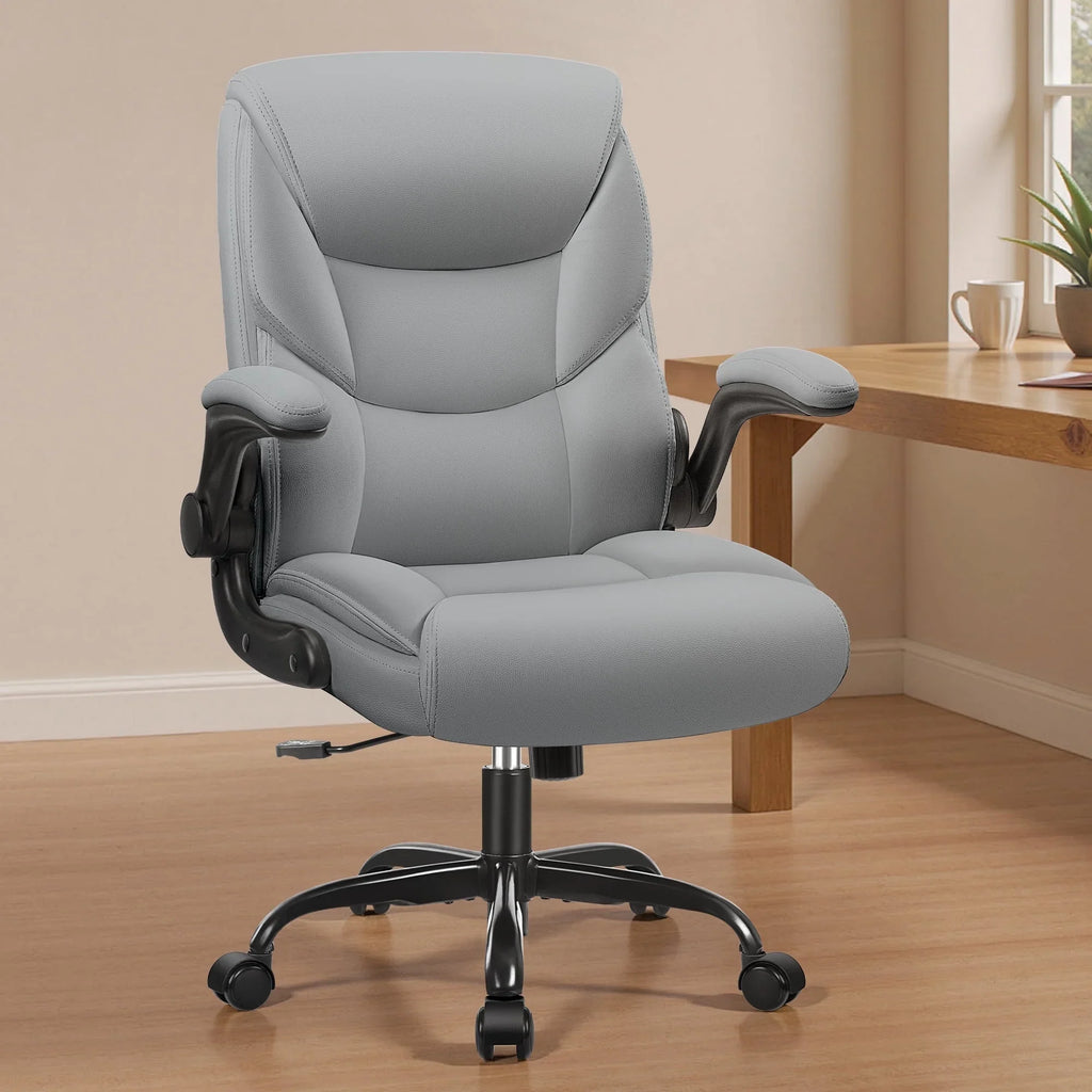 Primy Compact PU Leather Office Chair - Ergonomic Adjustable Height Computer Desk Chair with Flip-Up Armrests, Mid-Back Executive Swivel Chair on Wheels for Small Spaces & Petite Users, Black