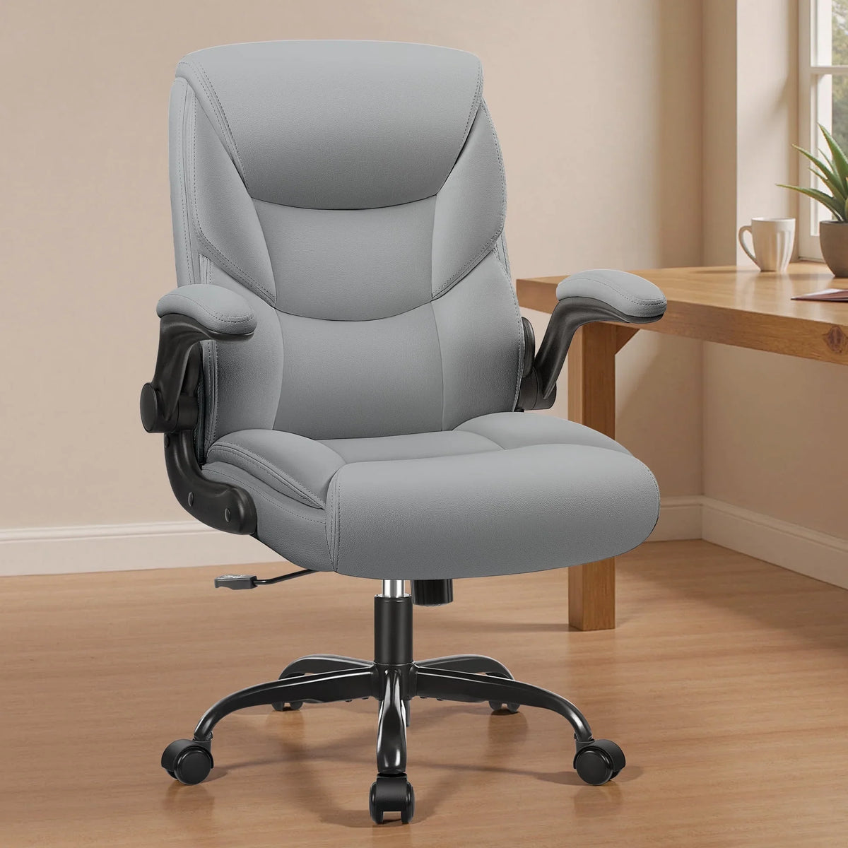 Primy Compact PU Leather Office Chair - Ergonomic Adjustable Height Computer Desk Chair with Flip-Up Armrests, Mid-Back Executive Swivel Chair on Wheels for Small Spaces & Petite Users, Black