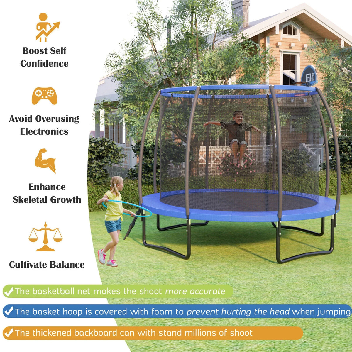 Gymax 12FT Recreational Trampoline w/ Basketball Hoop Safety Enclosure Net Ladder
