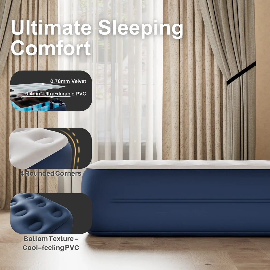 Luxury Queen Air Mattress with Built-In Battery Pump,Heavy-Duty Waterproof Veltex Surface for Indoor/Outdoor Use,Portable Inflatable Camping Bed & Guest Bed(Blue)