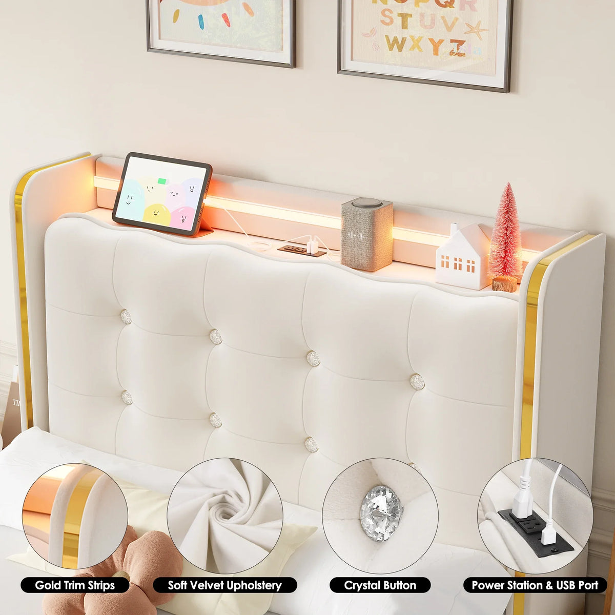 Homfa Twin Size LED Bed Frame with Drawer, Velvet Crystal Button Upholstered Platform Bed Frame with Outlets and USB Ports & Display Platform, No Box Spring Needed, Pink