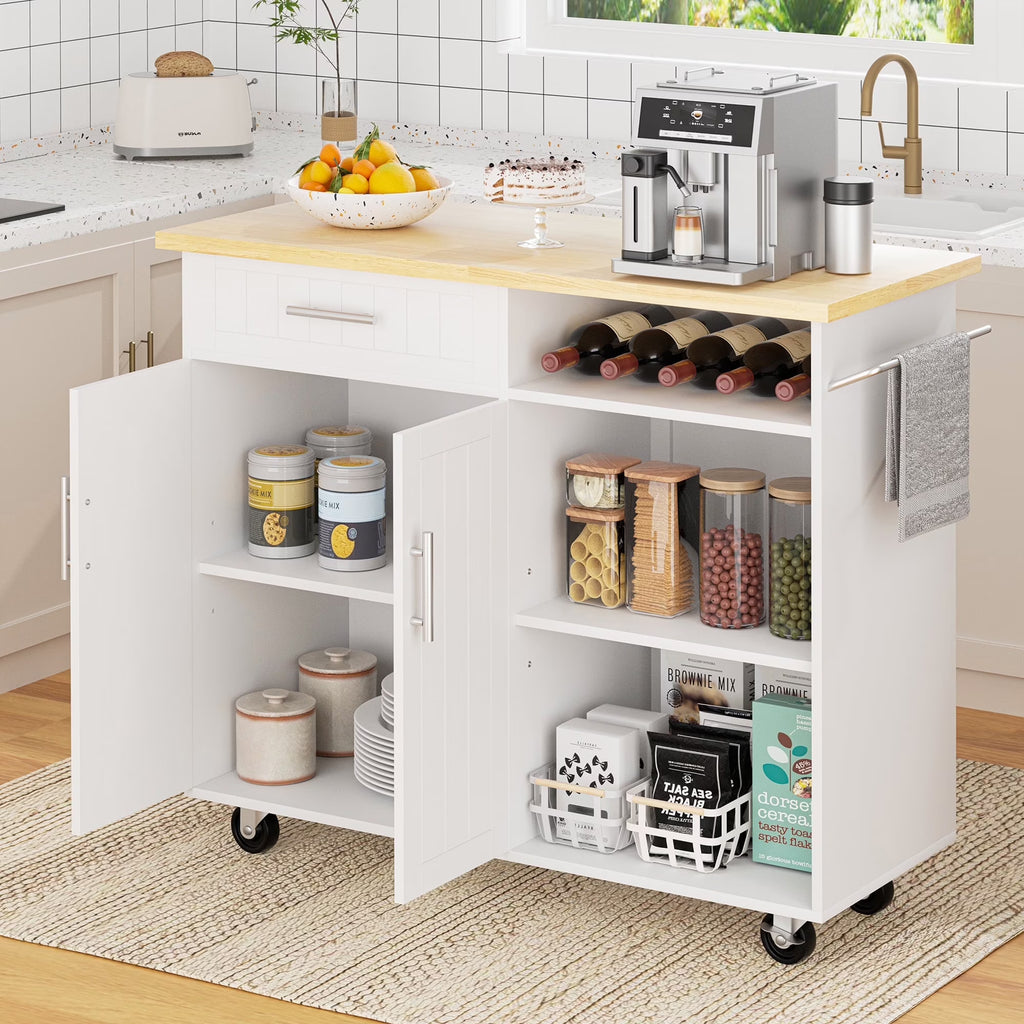 Walsunny Kitchen Island Table Stand with Storage on Wheels,Rolling Kitchen Cart Storage Cabinet with Drawer,White