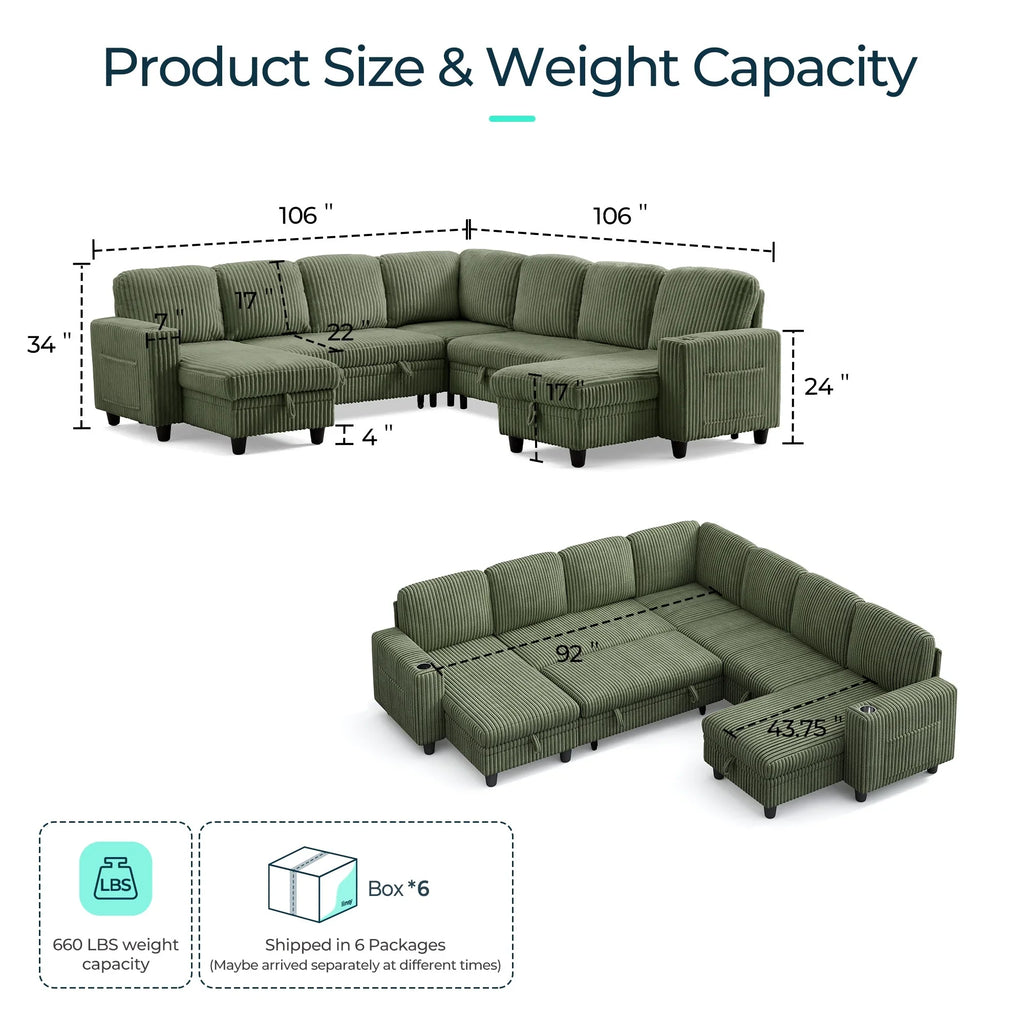 Linsy Home Storage Sectional Sleeper Sofa with Pull Out Bed, 9 Seat Modular Sectional Sofa with with USB & Cup Holder, Plush Corduroy Sectional Couches for Living Room, Green