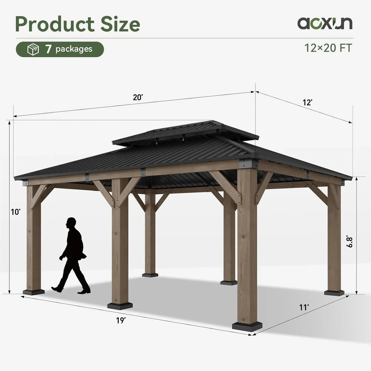 Aoxun 12' x 16' Outdoor Wood Gazebo, Hardtop Gazebo Permanent Wooden Pavilion with Galvanized Steel Double Roof, for Patio, Garden, Backyard, Cedar Wood