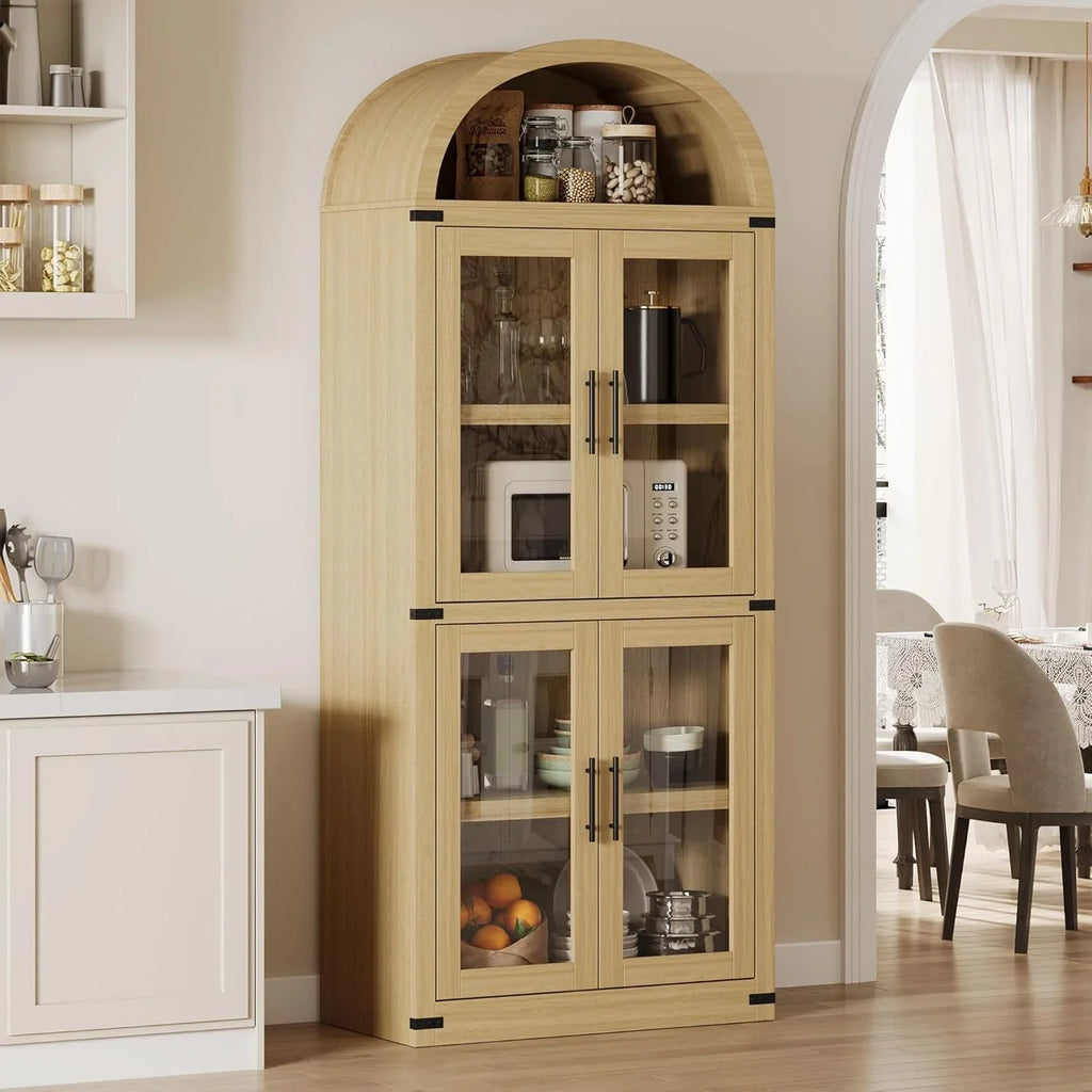 AOILE 72" Tall Arched Farmhouse Bookcase with Doors, Wooden Display Cabinet with Storage Shelves