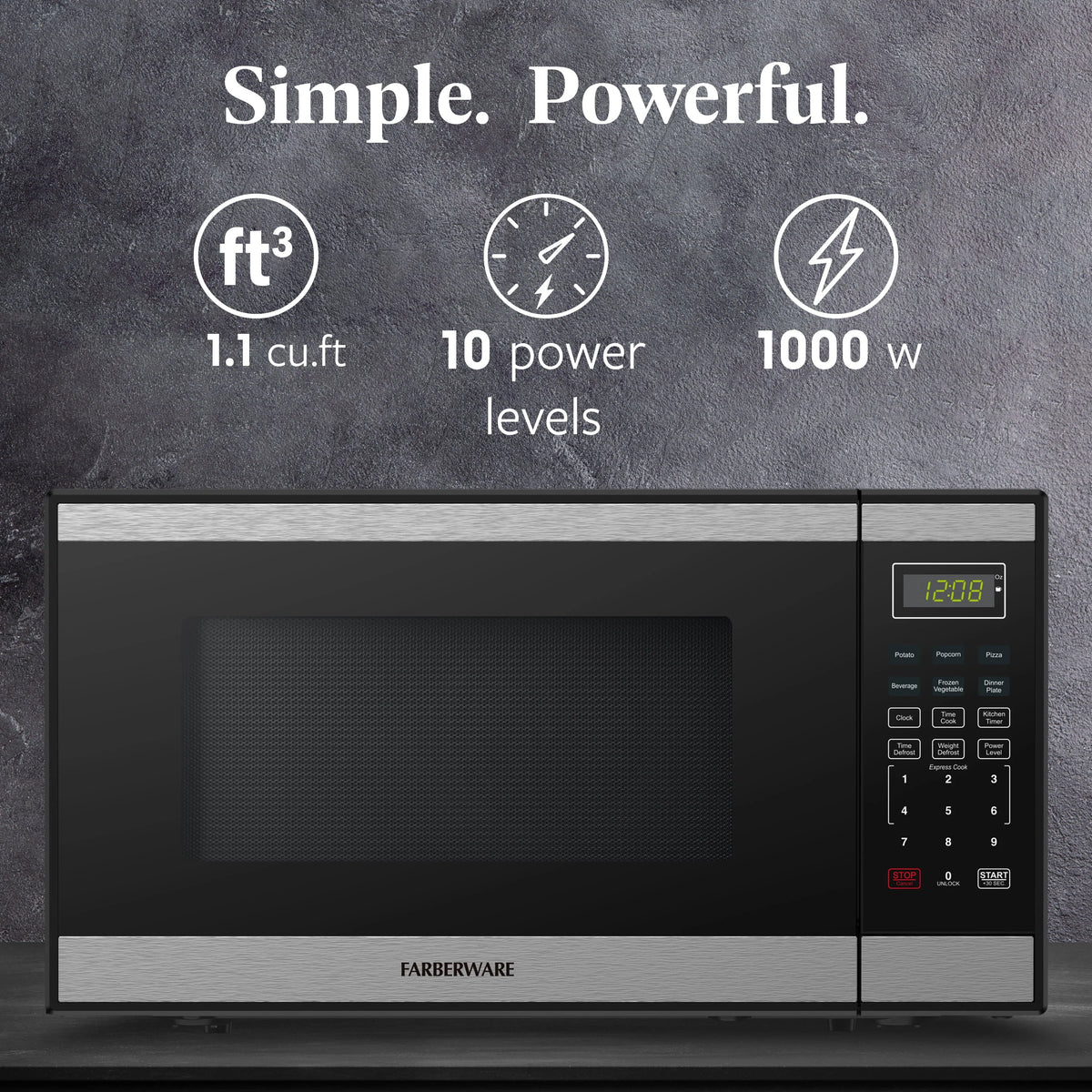 Farberware FMGZ09BKA 0.9 Cu. Ft. Microwave Oven, 900W, Digital Control, LED Display, 6 Cooking Presets, Black
