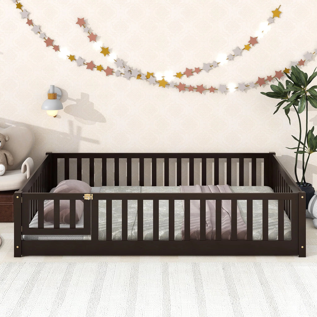 PAPROOS Twin Size Floor Bed, Solid Wood Toddler Bed with Slat, Fence Guardrail and Door, No Box Spring Needed, Montessori Bed, Twin Bed for Kids, Boys, Girls, Gray