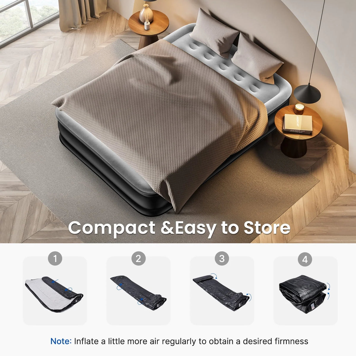 Airefina Queen Air Mattress with Built-in Electric Pump, Self-Inflation/Deflation in 3 Mins