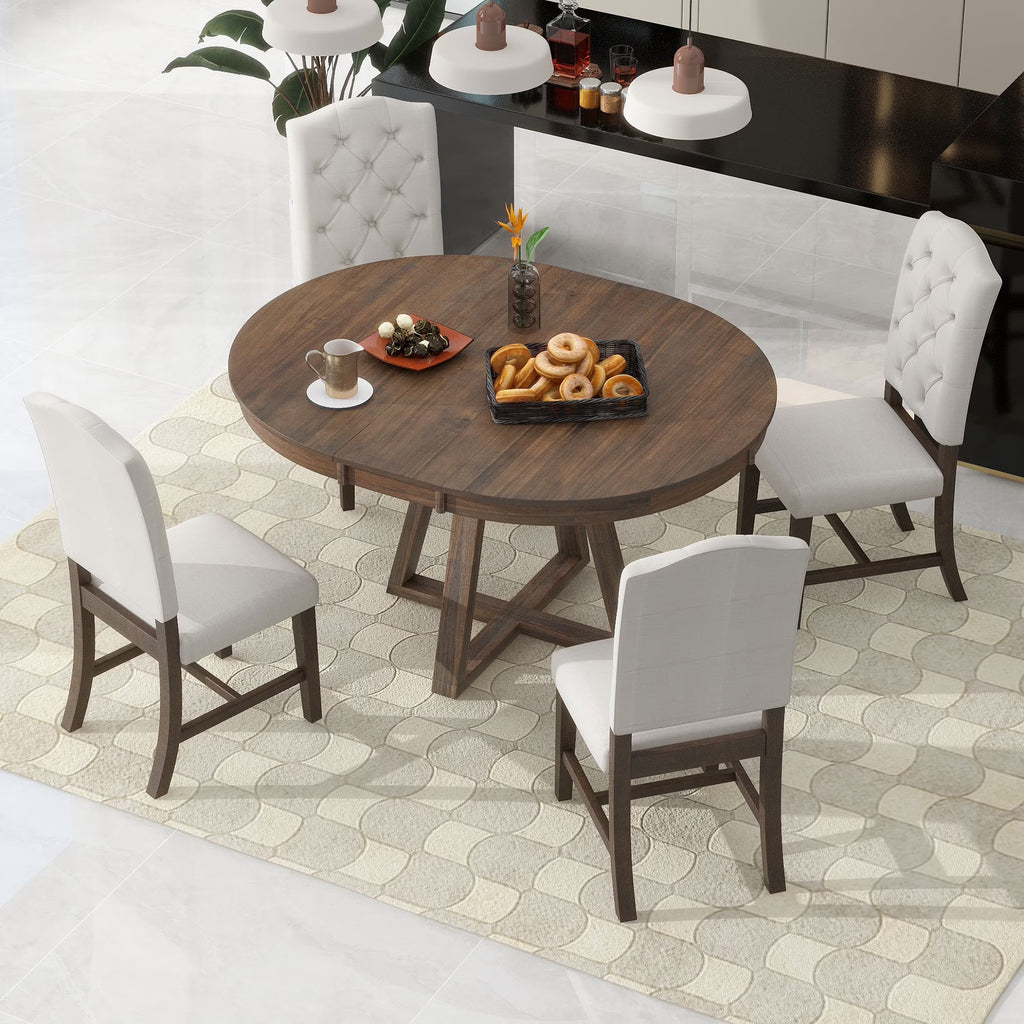 Harper & Bright Designs Round Extendable Dining Table Set for 4, 5 Piece Farmhouse Wood Dining Table Set with 4 Upholstered Dining Chairs, Natural Wood Wash