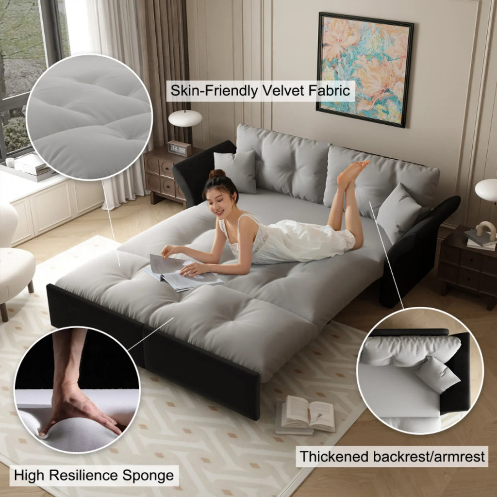 66" Queen Pull Out Sofa Bed, 3-in-1 Convertible Sleeper Sofa with Side Storage,Multi-Functional Velvet Loveseat Bed for Living Room,Bedroom