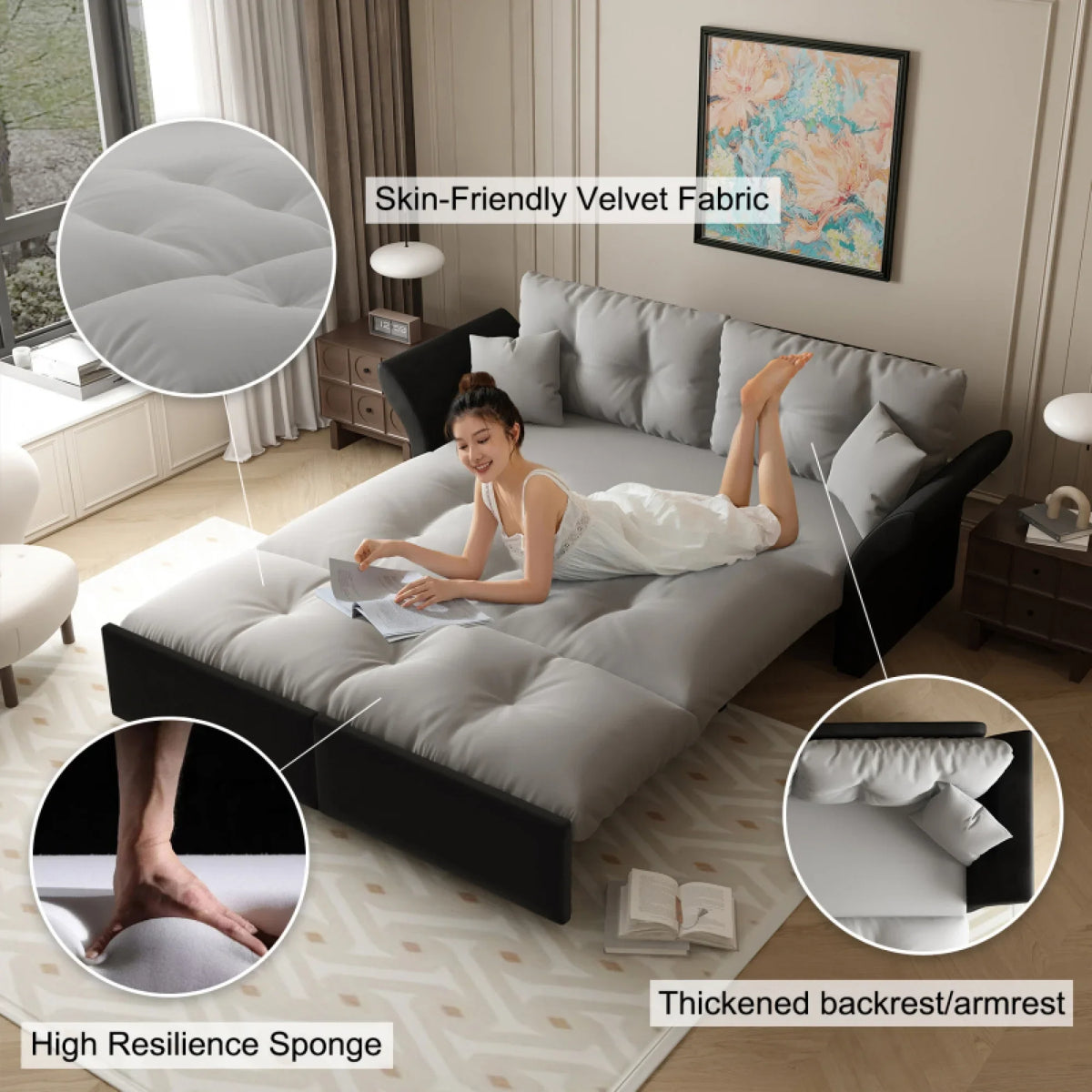 66" Queen Pull Out Sofa Bed, 3-in-1 Convertible Sleeper Sofa with Side Storage,Multi-Functional Velvet Loveseat Bed for Living Room,Bedroom
