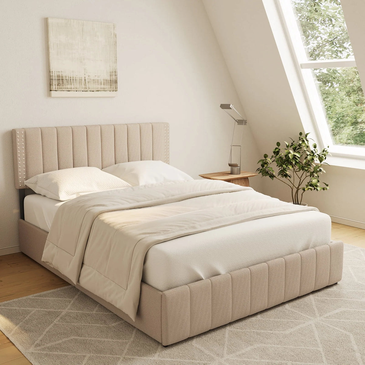 Lofka Queen Bed Frame with Headboard, Upholstered Platform Bed with Headboard, No Box Spring Needed/Easy Assembly, Beige