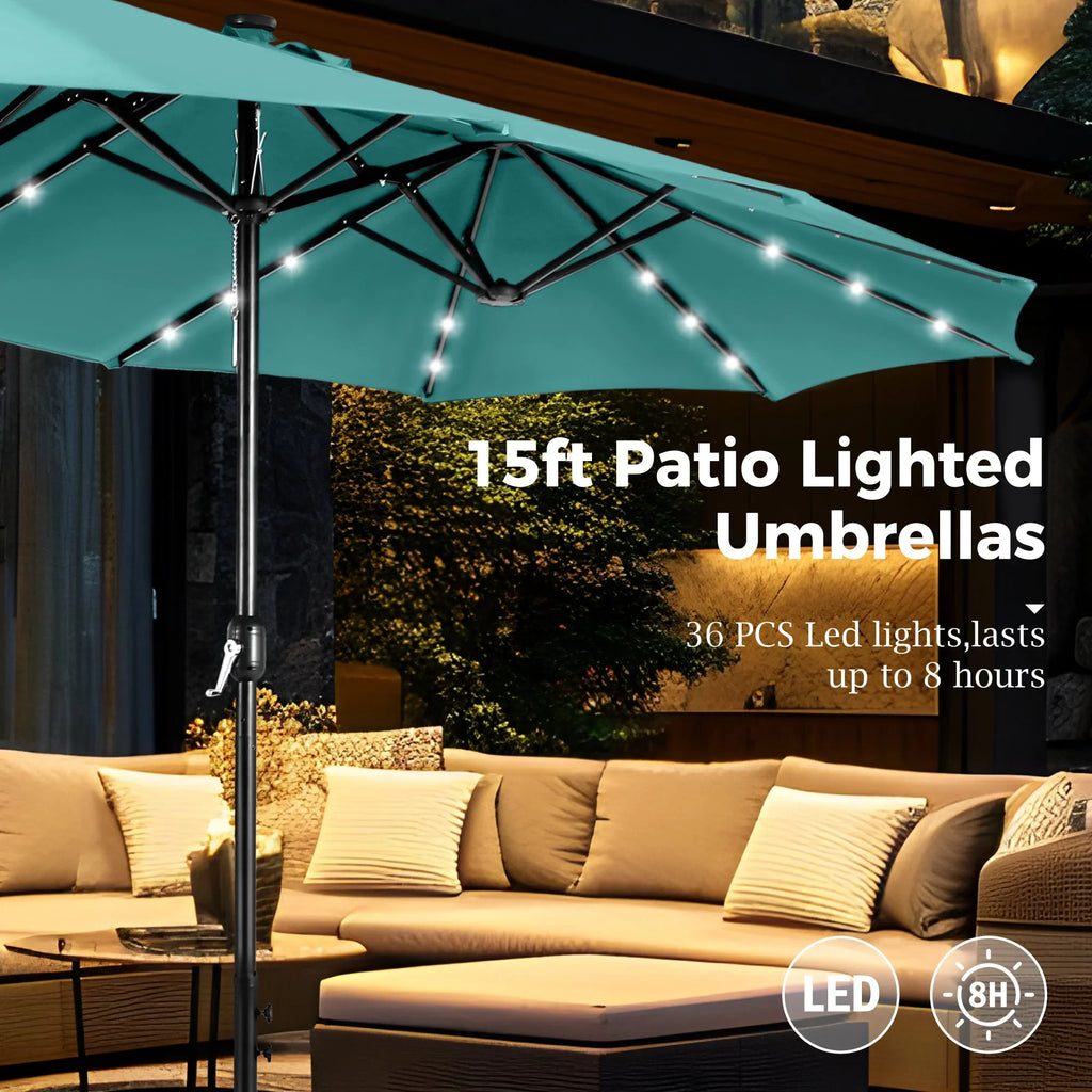 Alpha Joy 15ft Extra Large Outdoor Patio Double-Sided Umbrella with LED Solar Lights & Umbrella Base, Beige