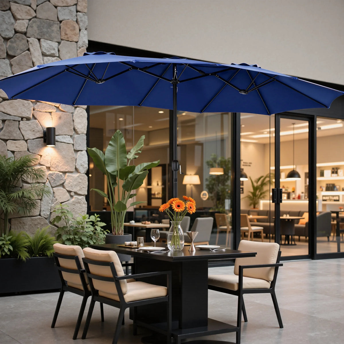 edx 15ft Patio Umbrellas (Base Included), Large Outdoor Double-Sided Rectangle Market Umbrella with Stand for Poolside, Lawn, and Backyard, Navy Blue
