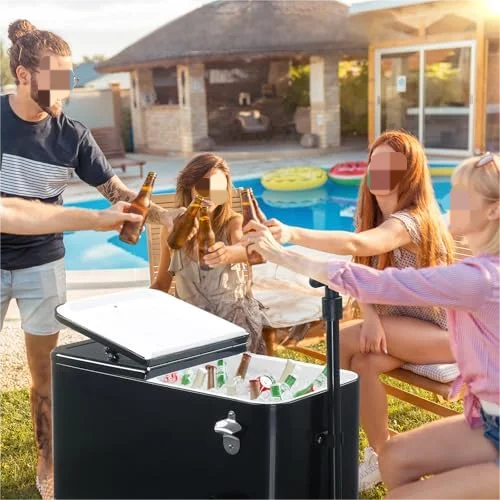 80 Quart Wagon Rolling Cooler Ice Chest, /Long Handle and 10" Wheels, Portable Beach Patio Party Bar Cold Drink Beverage, Outdoor Park Cart on Wheels
