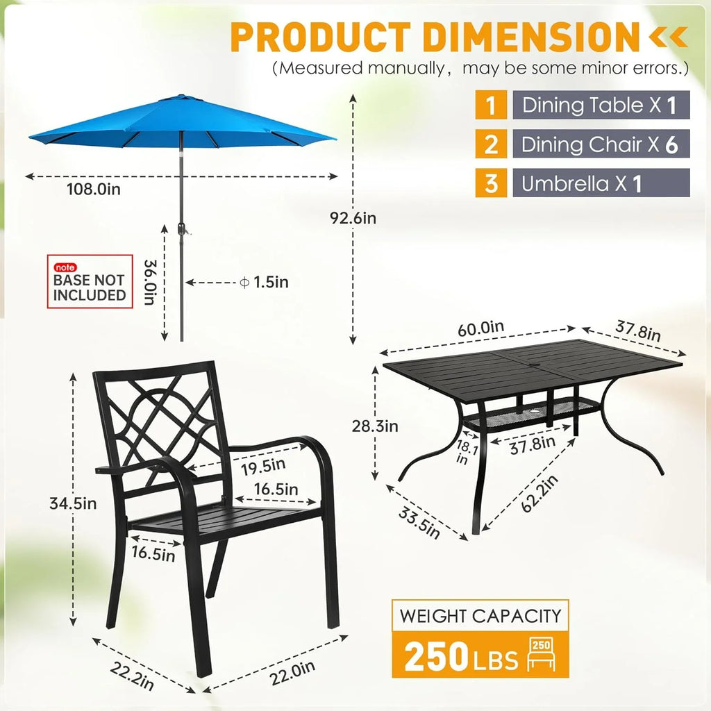 SUNCROWN 5-Piece Outdoor Wrought Iron Chairs and Table Patio Dining Furniture Set - 4 Stackable Metal Chairs, 1 Steel Slat Bistro Table and 1 Sky Blue 9Ft Patio Umbrella for Garden Backyard Deck