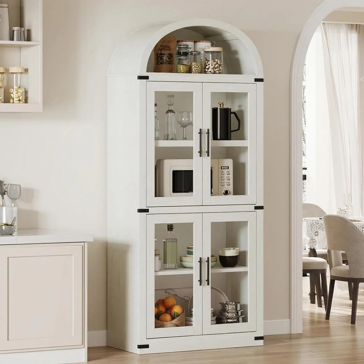 AOILE 72" Tall Arched Farmhouse Bookcase with Doors, Wooden Display Cabinet with Storage Shelves