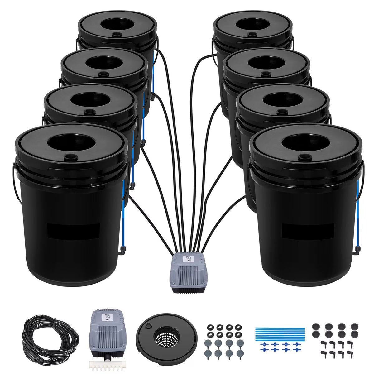 KFFKFF DWC Hydroponic System, 5 Gallon 8 Buckets, Deep Water Culture Growing Bucket, Hydroponics Grow Kit with Pump, Air Stone and Water Level Device, for Indoor/Outdoor Leafy Vegetables