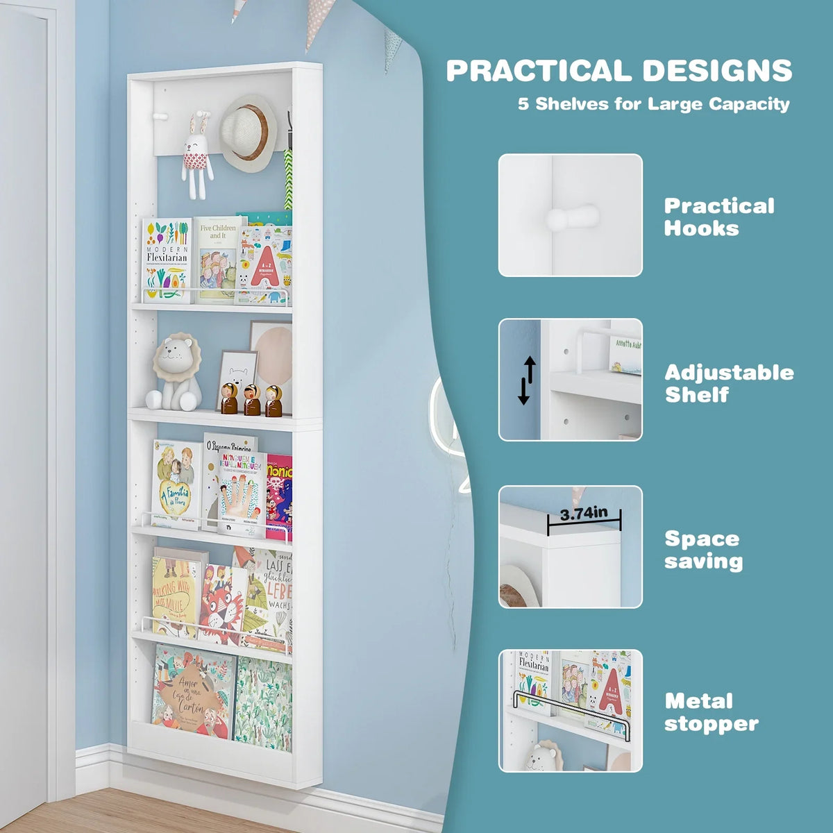 Advwin 5-Tier Wall Mounted Kids Bookshelf with Adjustable Shelves, Wooden Book Shelf Organizer, Behind Door Bookcase Display Shelf for Kids Room, Nursery, Playroom, Natural