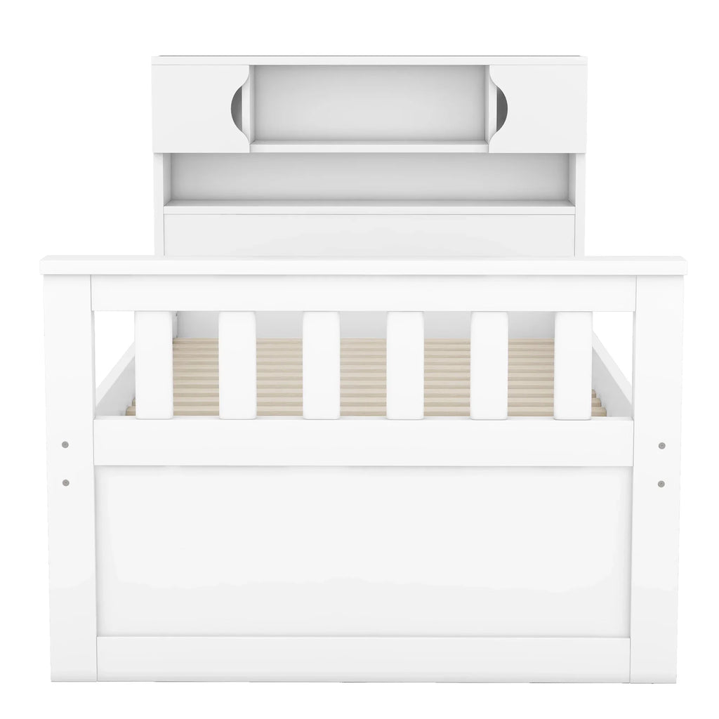 Euroco Wood Twin Size Platform Bed with Storage Headboard, Captain Bed with 4 Drawers, Bookcase and Cabinets, Gray