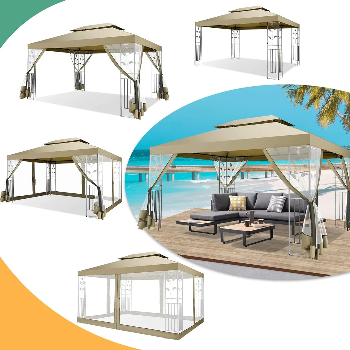 COBIZI 10' x 13' Pop Up Gazebo, Screened Patio Gazebo, Outdoor Steel Double Roof Canopy Tent, Metal Frame Canopy with Mosquito Netting, Sunshade for Garden, Lawns, Gray