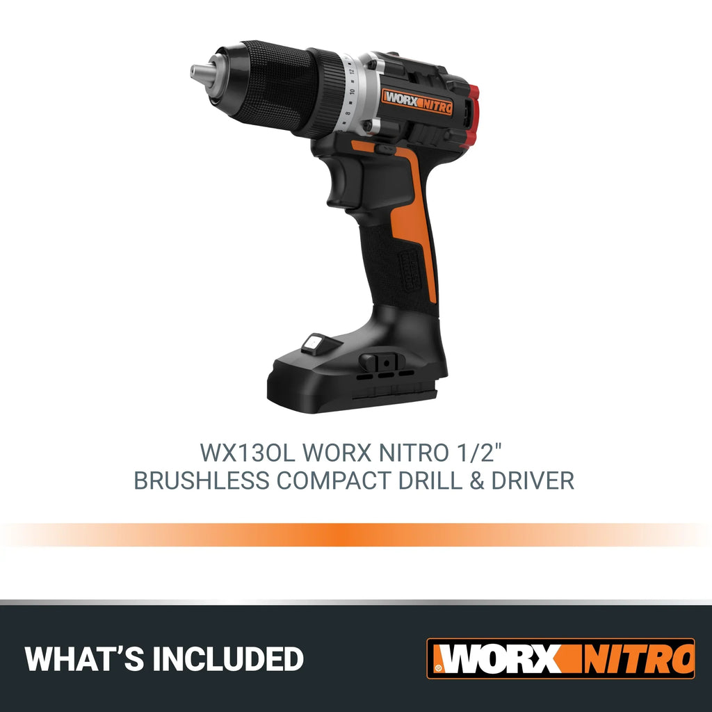 Worx Nitro WX130L.9 20V Compact Brushless 1/2" Drill/Driver (No Battery and Charger Included - Tool Only)