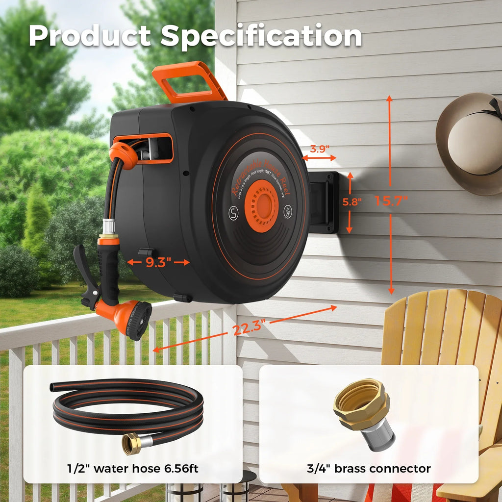 Retractable Garden Hose Reel 1/2 in x 100 ft, Auto-Rewind & Any Length Lock, 180" Swivel Heavy Duty Hose Reel Wall Mount for Outside, 10 Spray Patterns, UV-Resistant