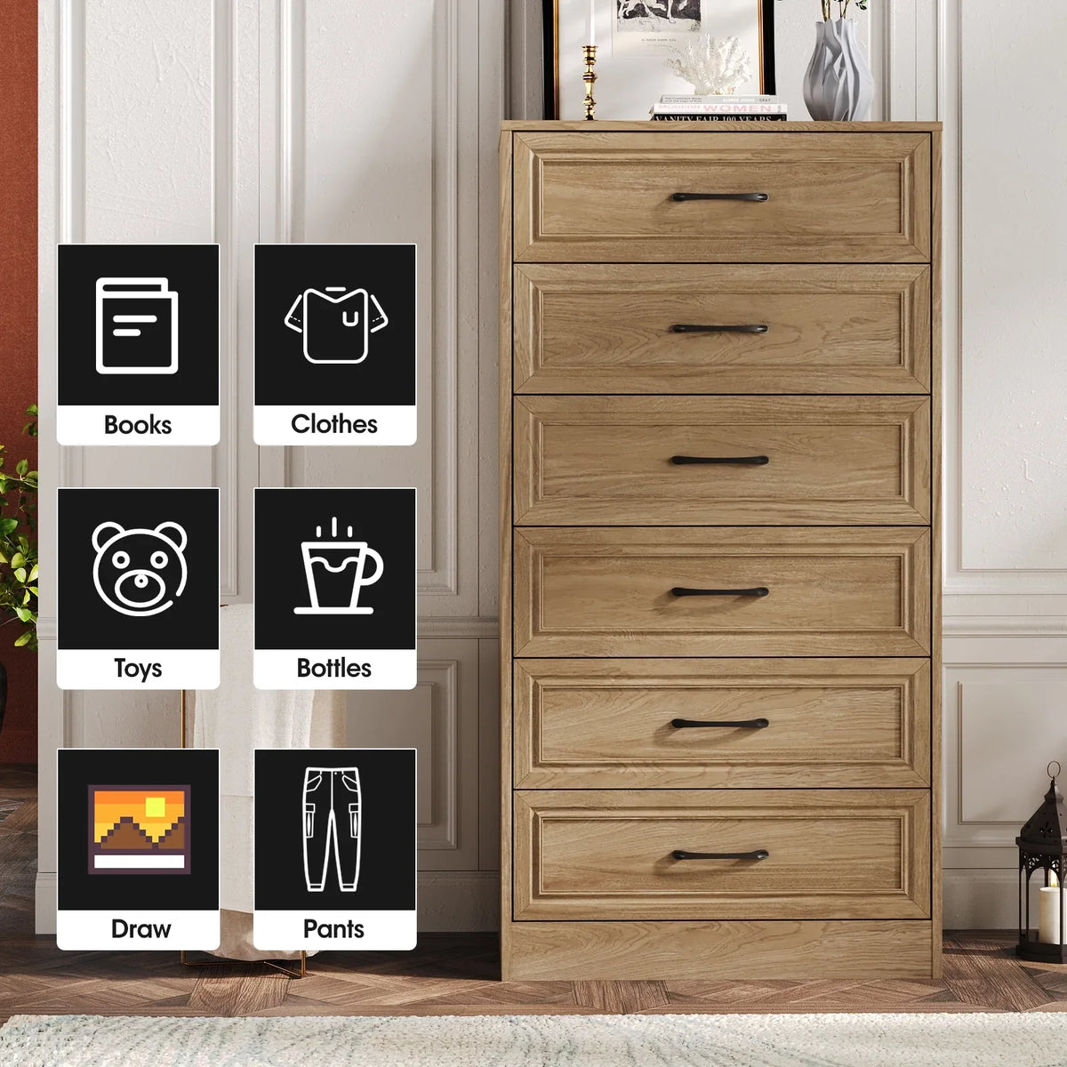 Vabches Farmhouse 5 Drawer Dresser with Metal Handle, Tall Wood Chest of Drawers for Living Room Bedroom,Dark Brown