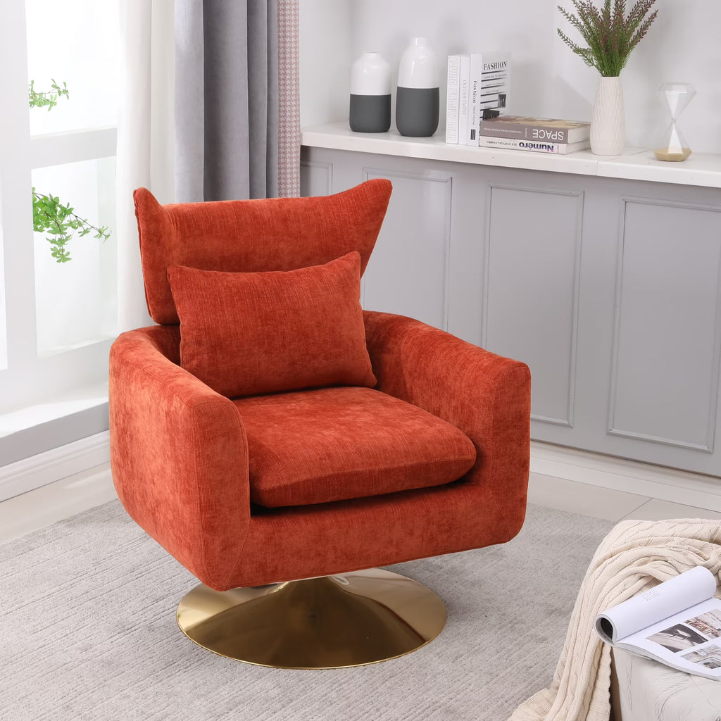 Swivel Accent Chair, Mid Century Modern 360 Degree Comfy Armchair with Wraparound Backrest, Linen Upholstered Single Sofa Chair for Living Room, Bedroom, Office, Orange