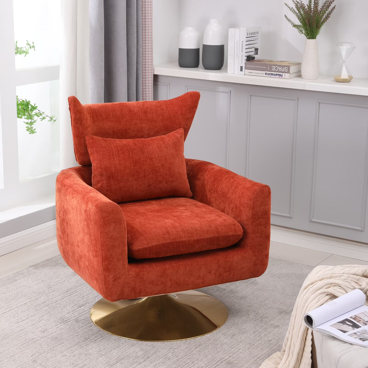 Swivel Accent Chair, Mid Century Modern 360 Degree Comfy Armchair with Wraparound Backrest, Linen Upholstered Single Sofa Chair for Living Room, Bedroom, Office, Orange