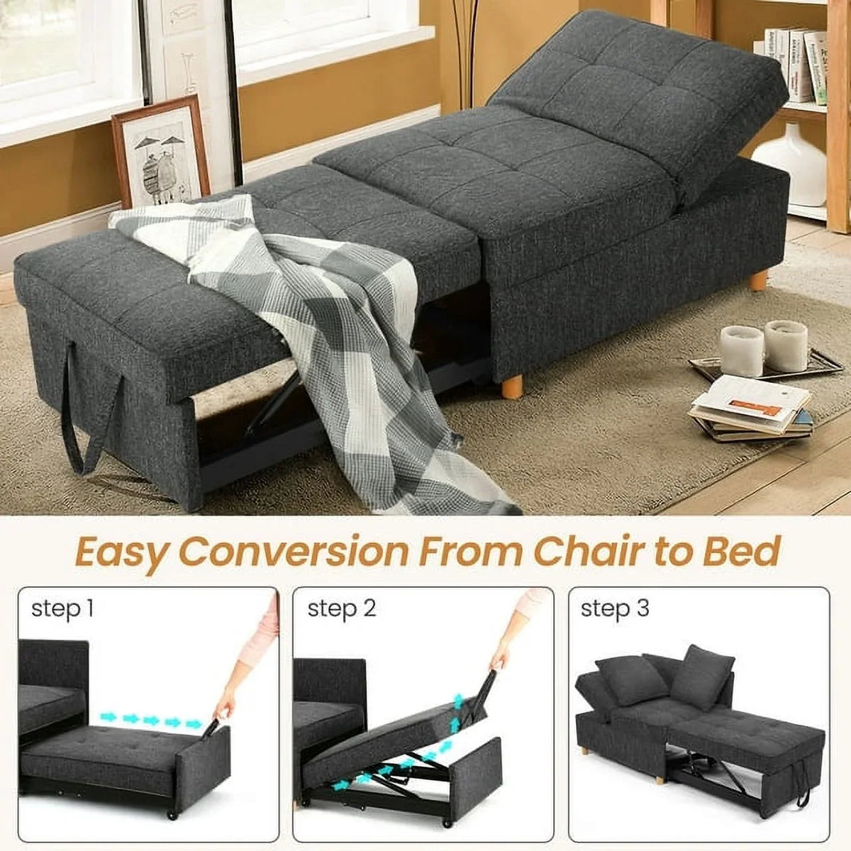 SEJOV 4-in-1 Convertible Sleeper Chair Bed, Linen Sofa Bed for Small Space, Futon Sofa with 2 Throw Pillows for Living Room, Single Recliner with 5 Adjustable Backrest for Bedroom Apartment, Brown