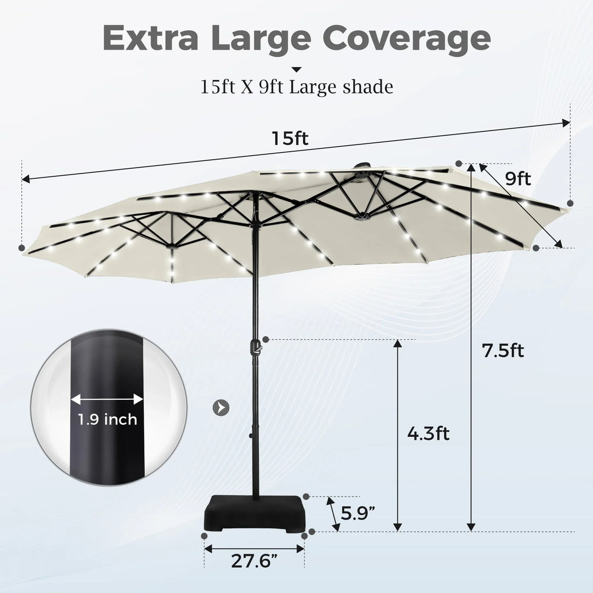 Alpha Joy 15ft Extra Large Outdoor Patio Double-Sided Umbrella with LED Solar Lights & Umbrella Base, Beige