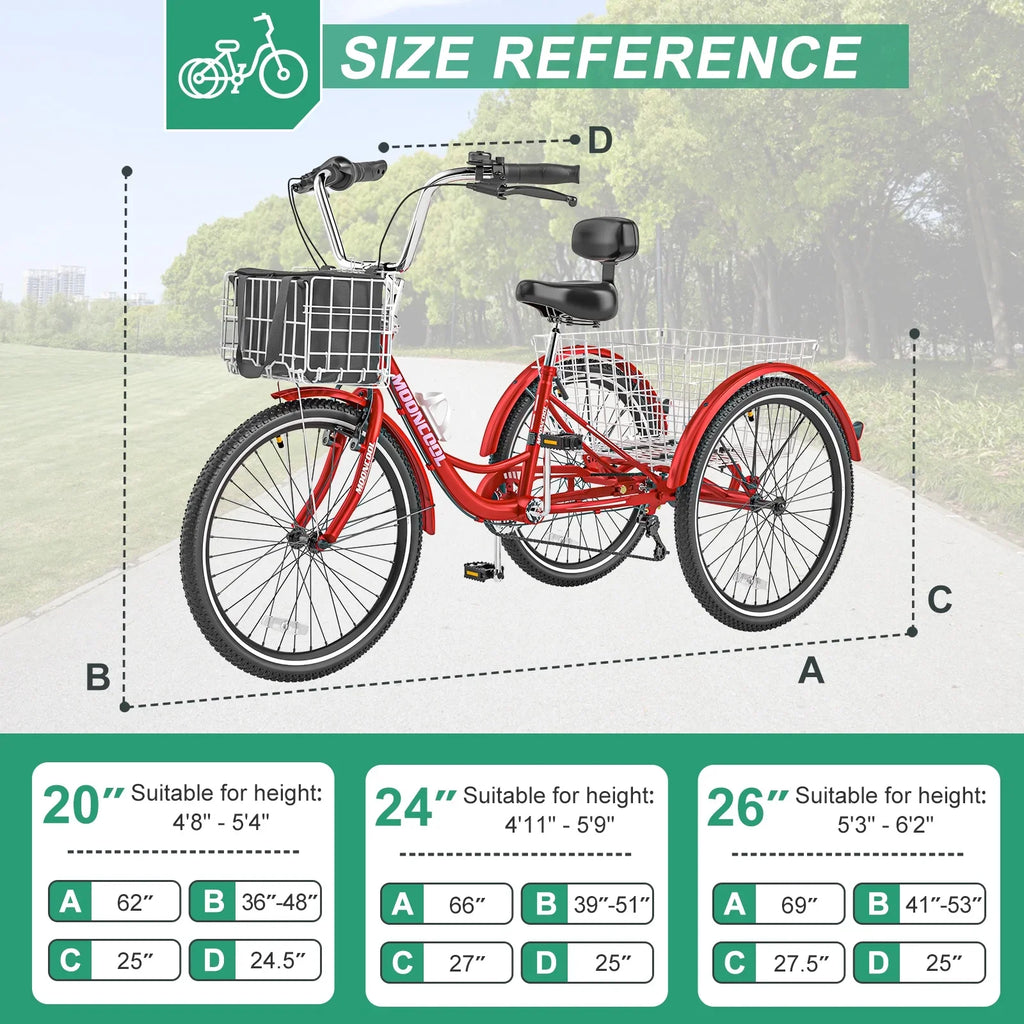 MOONCOOL Adult Tricycles with Rear Basket & Inflator, 24 26 inch 7 Speed 3 Wheel Bikes, Three-Wheeled Bicycles Adult Trike with Backrest for Seniors, Women, Men