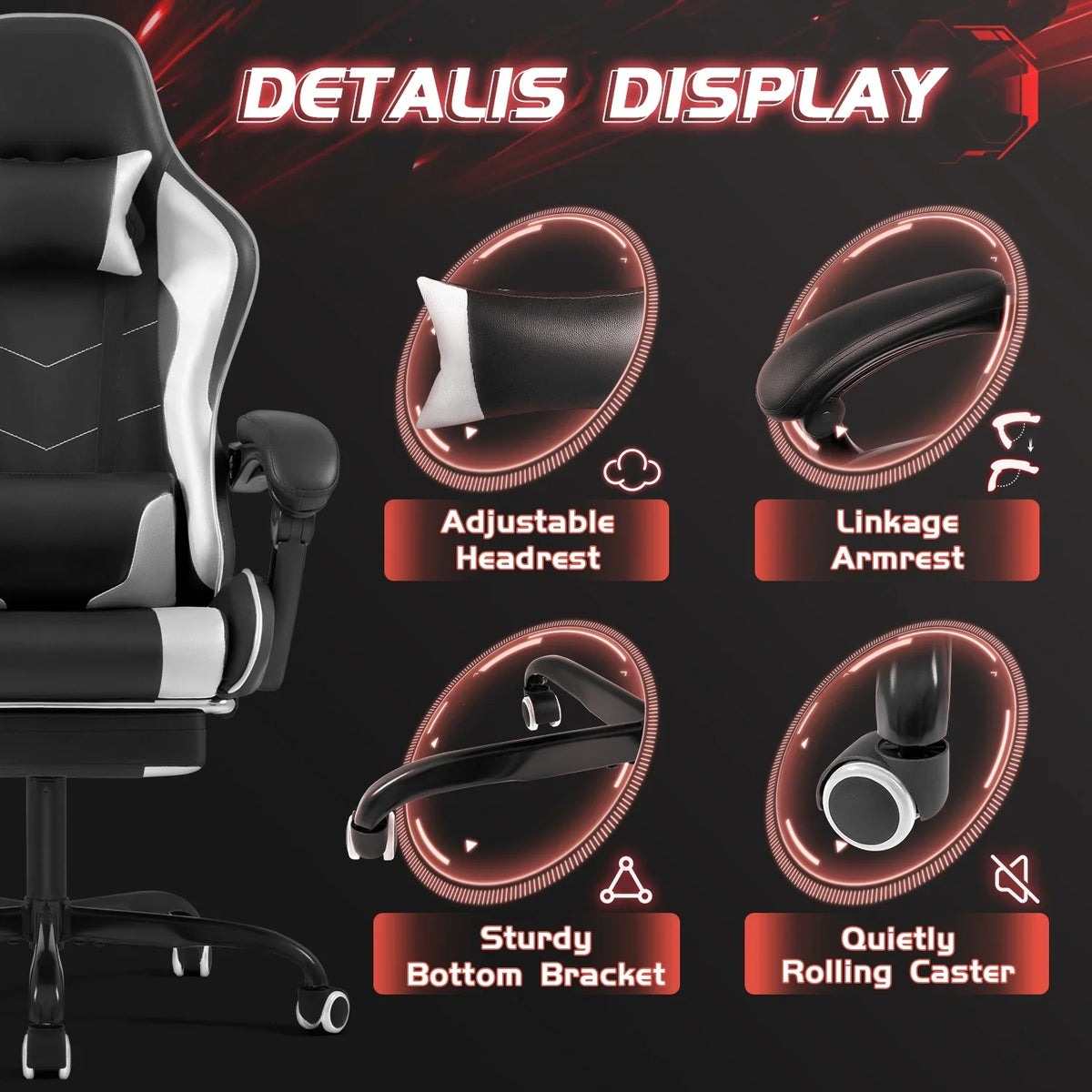 Lacoo PU Leather Gaming Chair Massage Ergonomic Gamer Chair Height Adjustable Computer Chair with Footrest & Lumbar Support, White