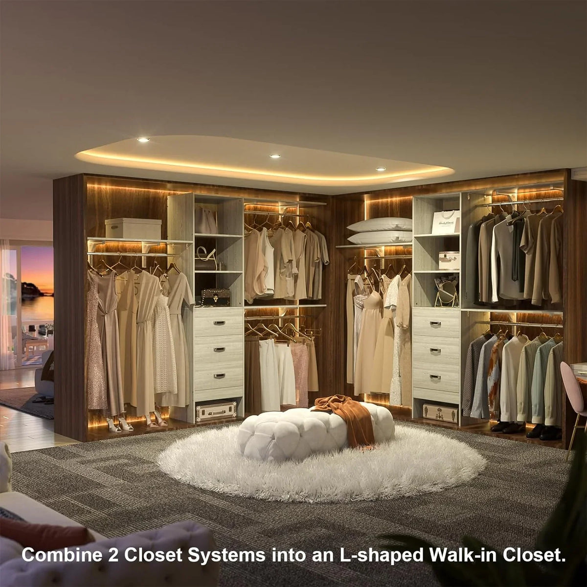 Homieasy 96 Inches Closet System, 8FT Walk In Closet Organizer with 3 Shelving Towers, Heavy Duty Clothes Rack with 3 Drawers, Built-In Garment Rack, 96" L x 16" W x 75" H, White