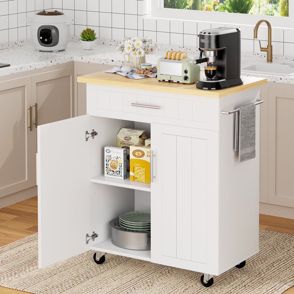Walsunny Kitchen Island Table Stand with Storage on Wheels,Rolling Kitchen Cart Storage Cabinet with Drawer,White