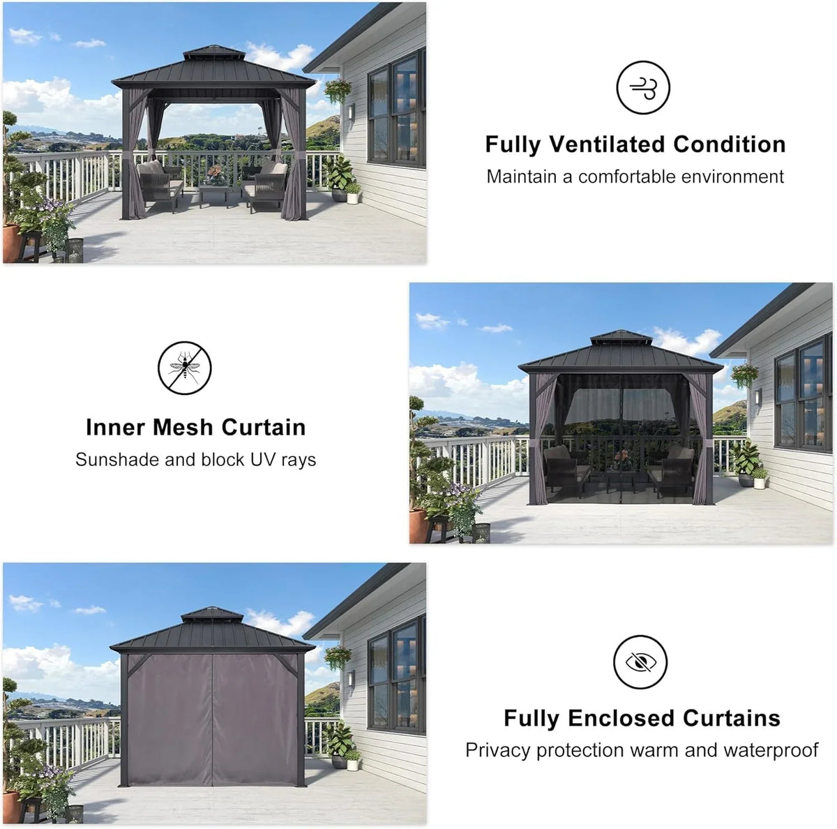 PURPLE LEAF 8' X 8' Gazebo Outdoor Gazebo Permanent Hardtop Gazebo with Galvanized Steel Double Roof for Patio Backyard Deck Aluminum Gazebo with Netting and Curtains Grey