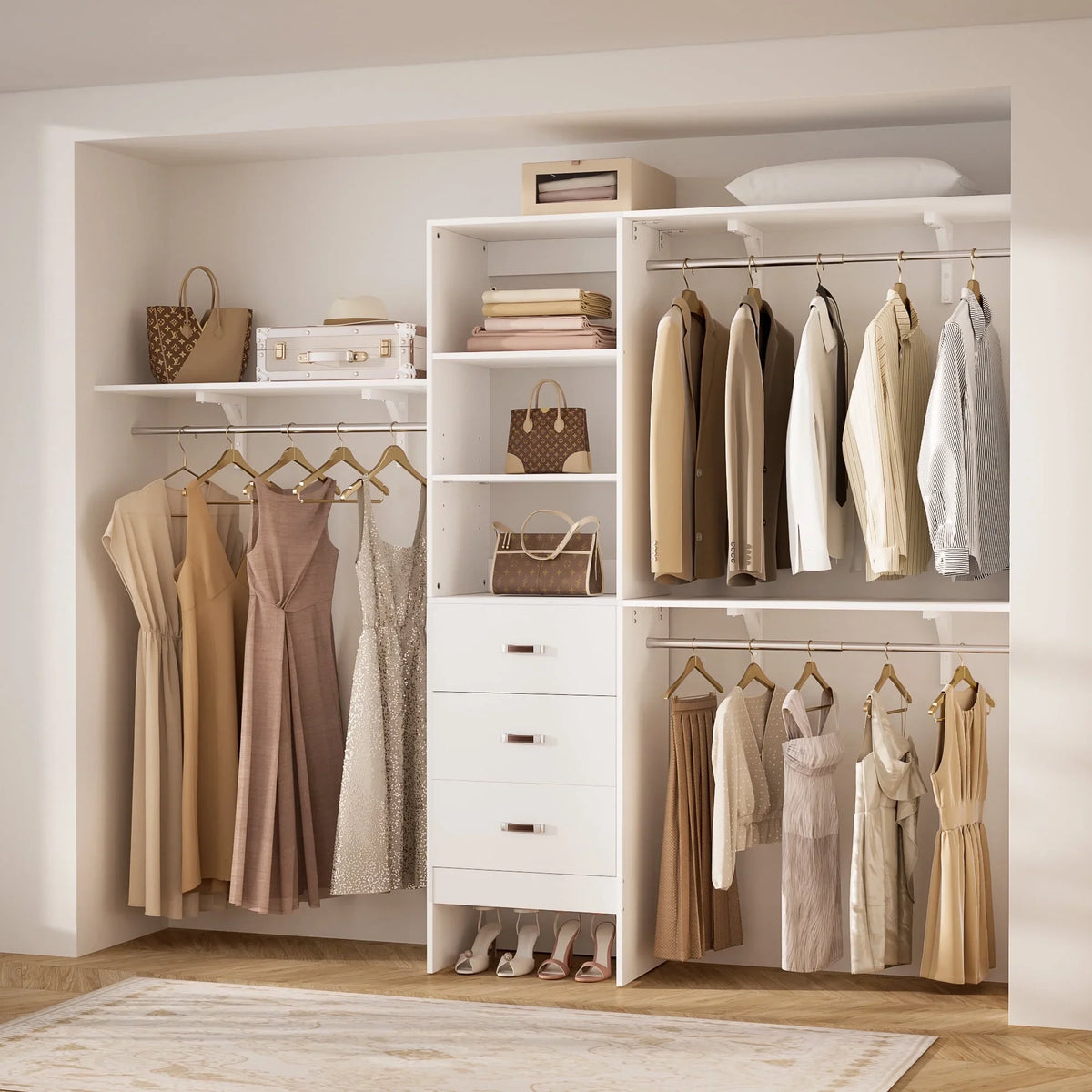 Homieasy 96 Inches Closet System, 8FT Walk In Closet Organizer with 3 Shelving Towers, Heavy Duty Clothes Rack with 3 Drawers, Built-In Garment Rack, 96" L x 16" W x 75" H, White