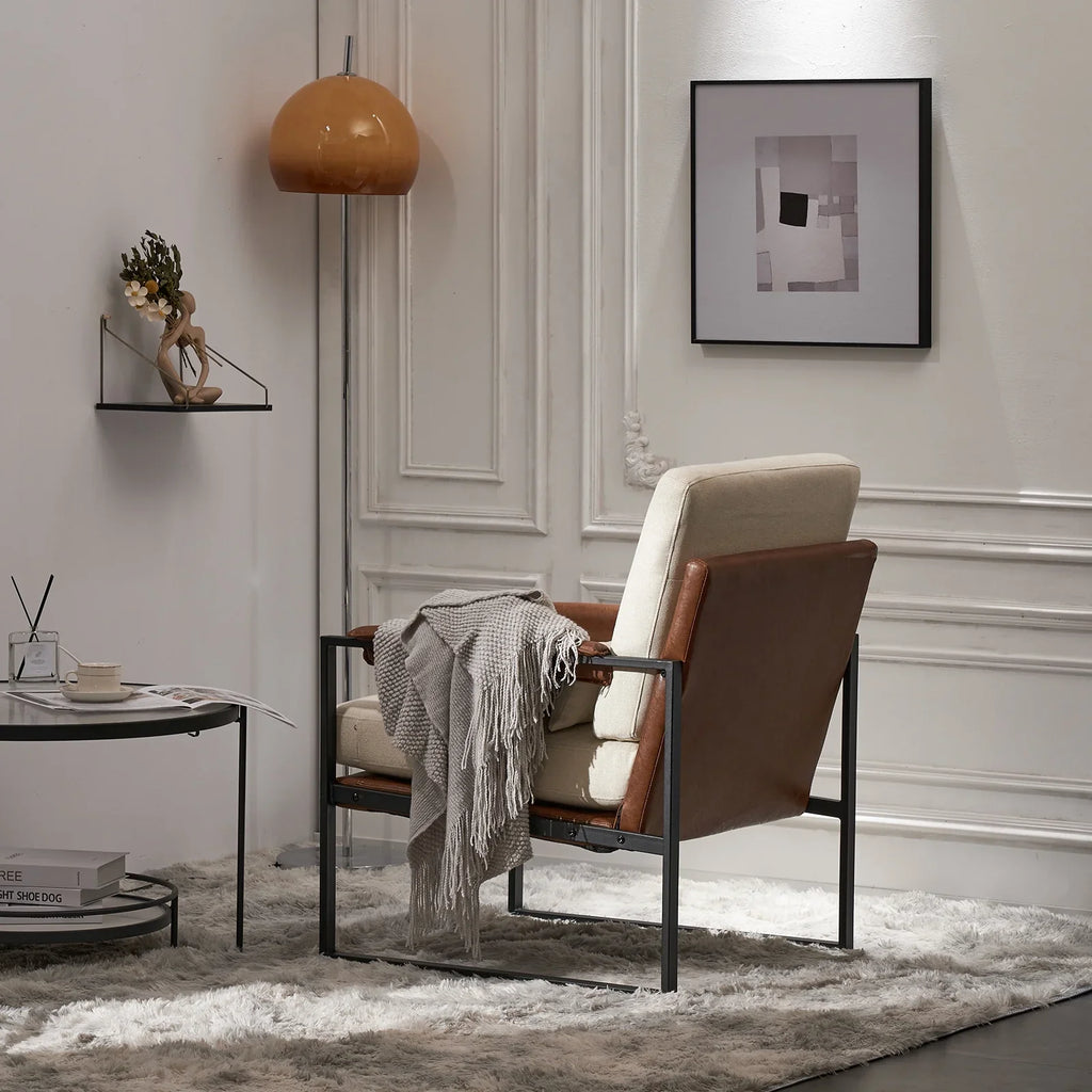 Ktaxon Accent Chair Lounge Armchair Modern Linen Fabric Upholstered Single Sofa with Black Coated Metal Frame Creamy White and Brown