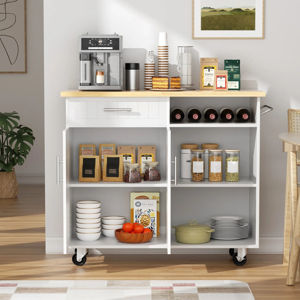 Walsunny Kitchen Island Table Stand with Storage on Wheels,Rolling Kitchen Cart Storage Cabinet with Drawer,White
