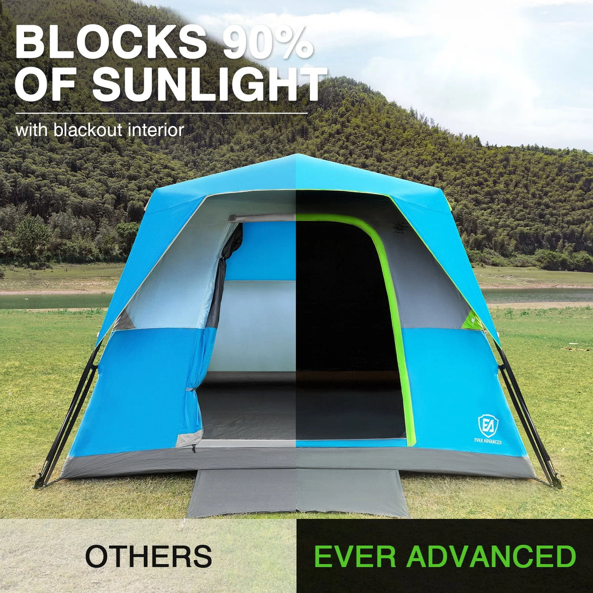 EVER ADVANCED 6 Person Blackout Camping Tent, Instant Family Tents, 60 s Quick Setup, Water-Resistant, Blue