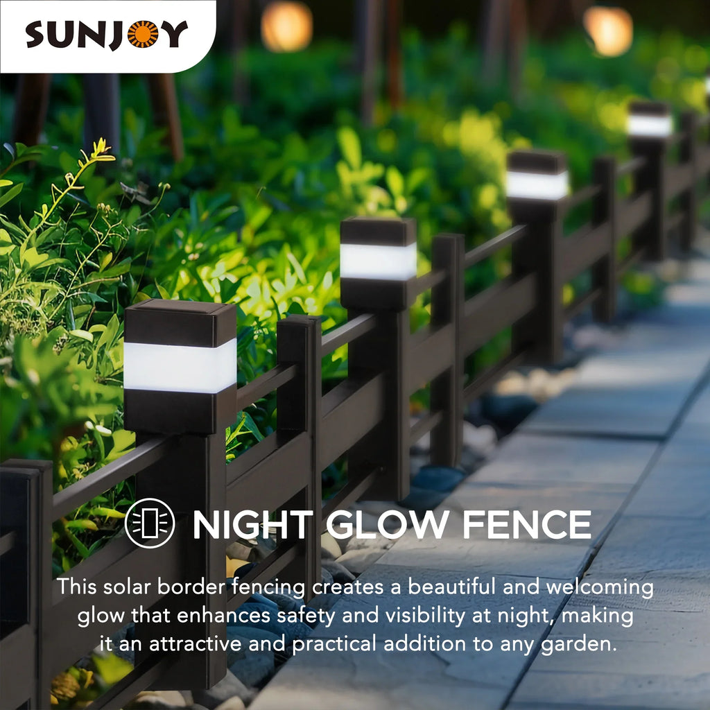 SUNJOY Garden Fence Solar Border Fencing with Waterproof LED Path Lights, Metal Strip Pattern Fence Panel Outdoor Decorative Garden Fences(5PK), Brown