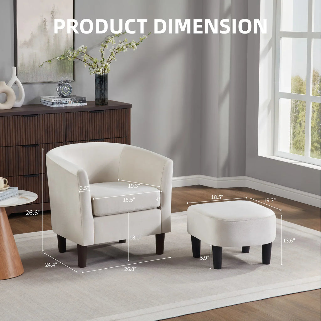FunniHomi Velvet Accent Chair with Ottoman, Modern Barrel Chair Armchair with Footrest for Living Room, Bedroom and Reading Room, White