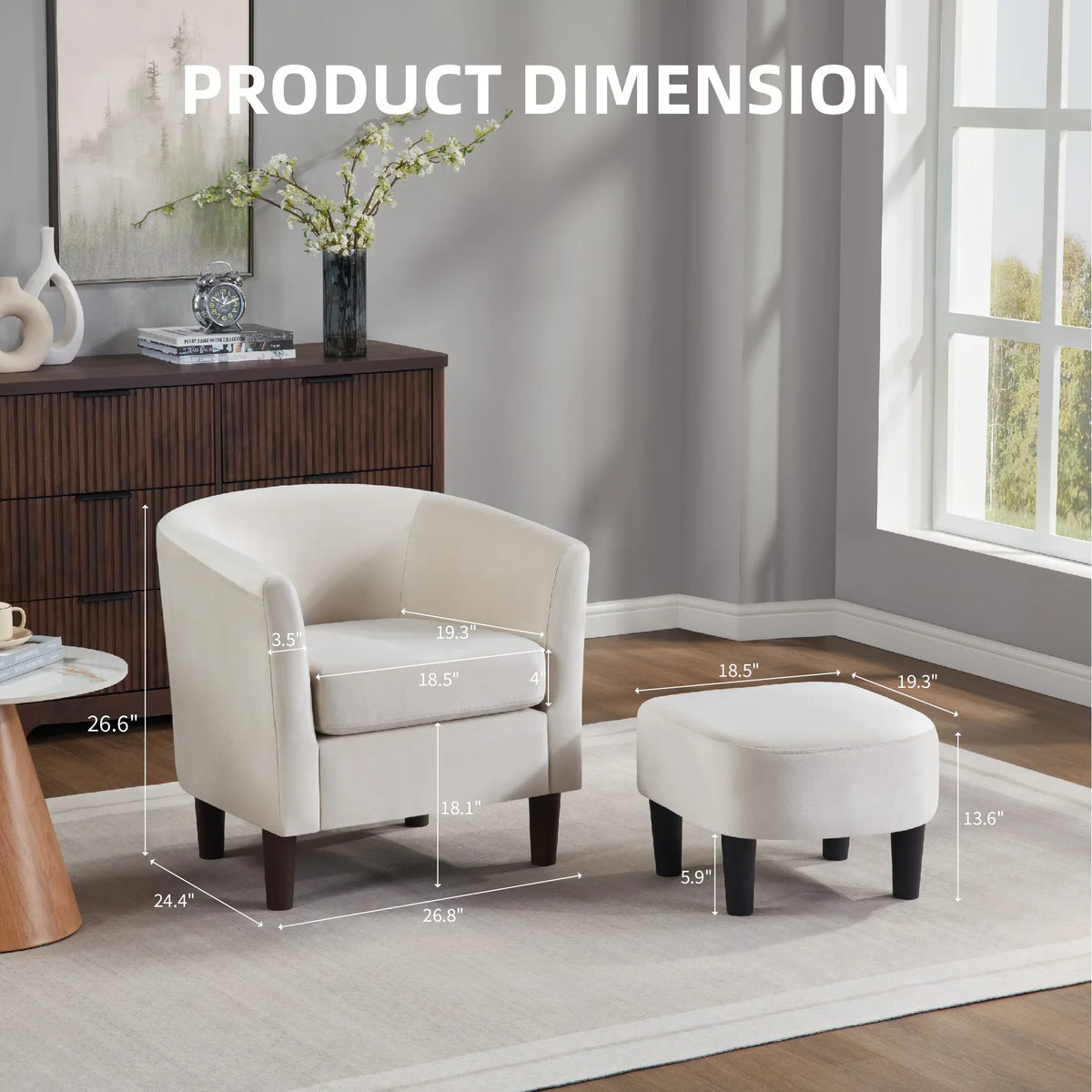 FunniHomi Velvet Accent Chair with Ottoman, Modern Barrel Chair Armchair with Footrest for Living Room, Bedroom and Reading Room, White